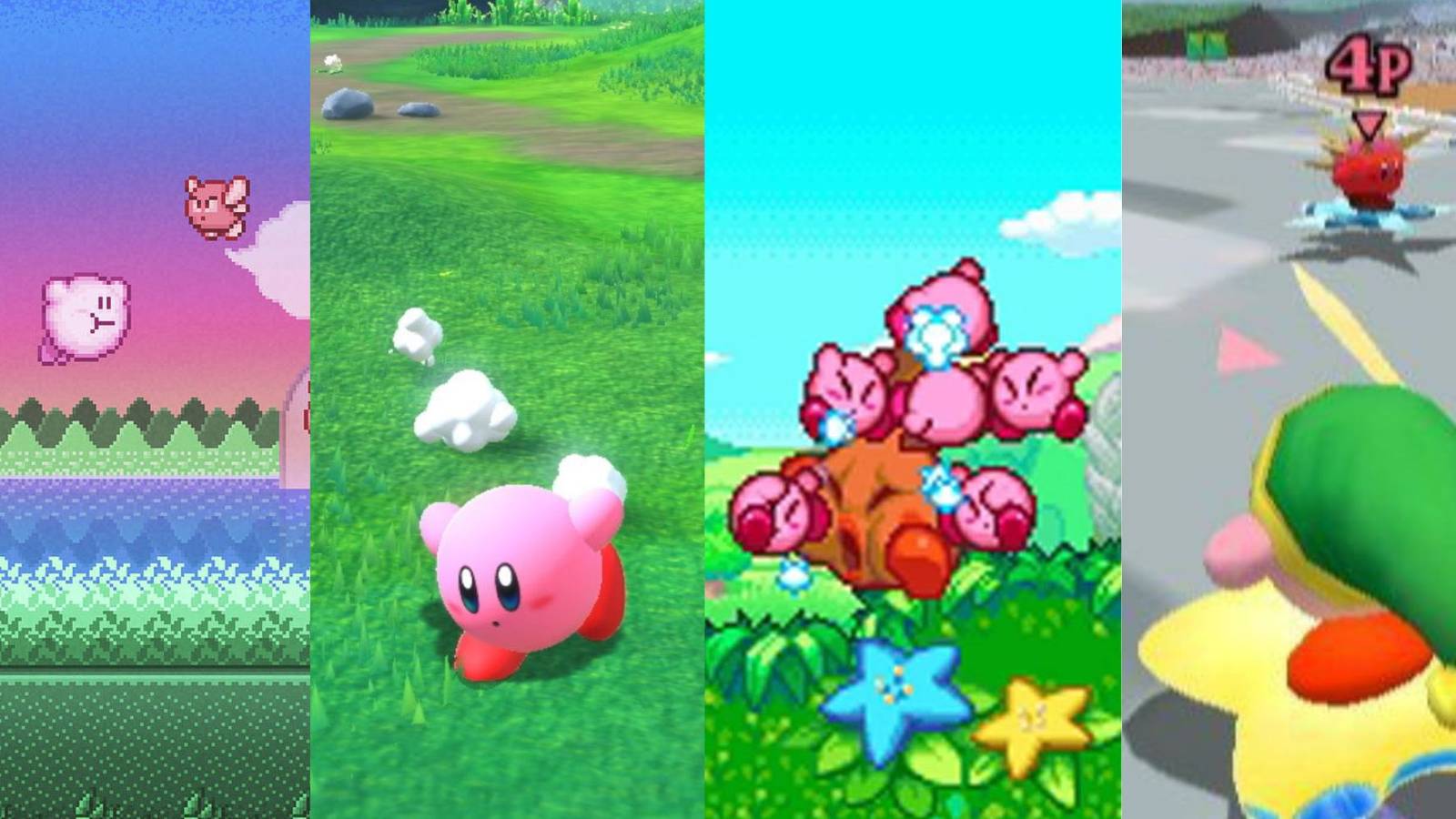 Kirby in Kirby's Dreamland using his float ability, Kirby running through a field in forgotten lands, a number of Kirby's in Kirby Mass Attack and Kirby riding a star following another player in Kirby Air Ride