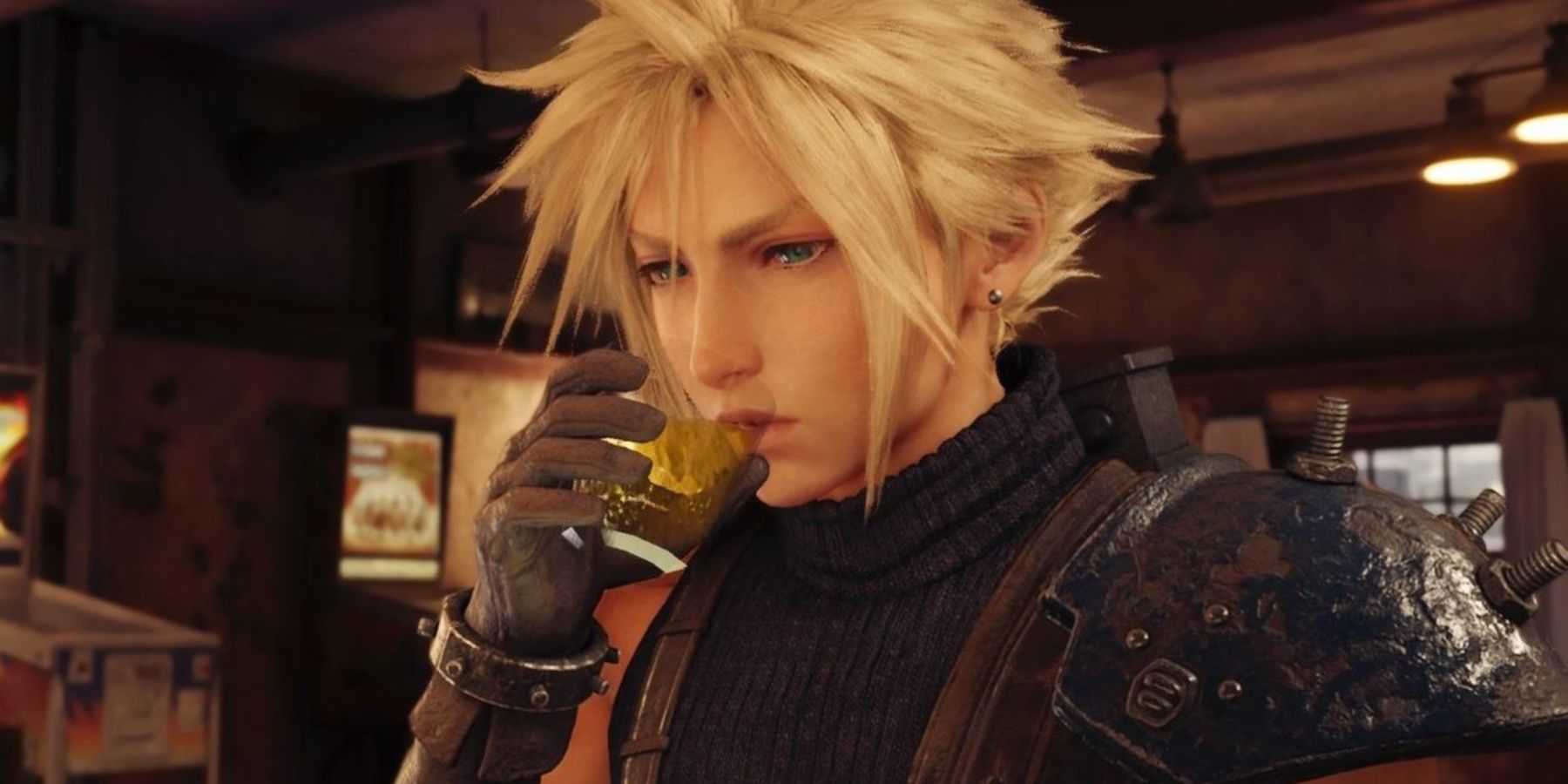 Cloud drinking a Hero Drink in Final Fantasy 7 Remake