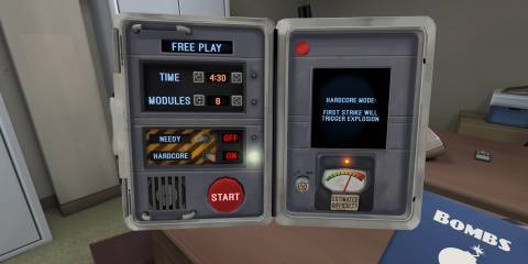 The Free Play menu of Keep Talking And Nobody Explodes showing a bomb set for 4 minutes and 30 seconds with 8 modules