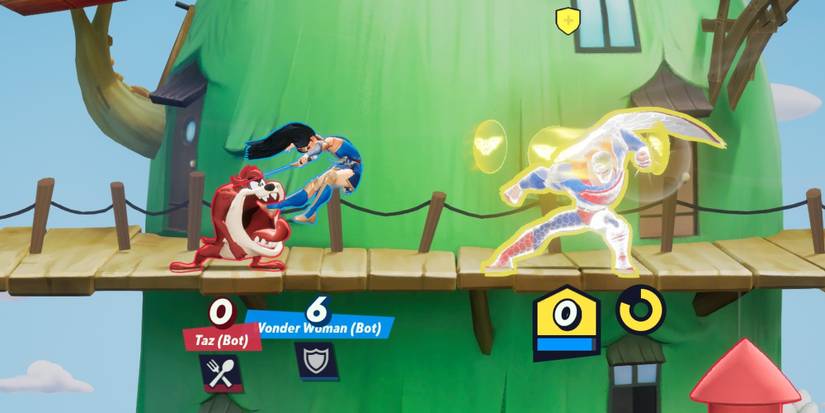 An image from MultiVersus featuring Taz biting Wonder Woman, and Superman charging an armored punch.