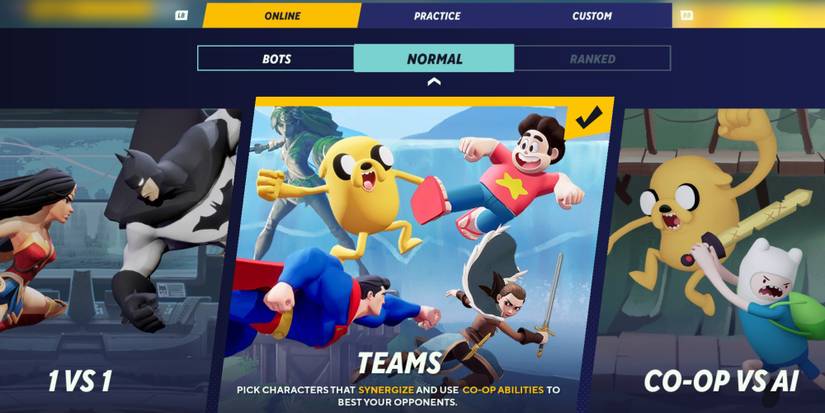 An image from MultiVersus featuring the online mode selection menu.
