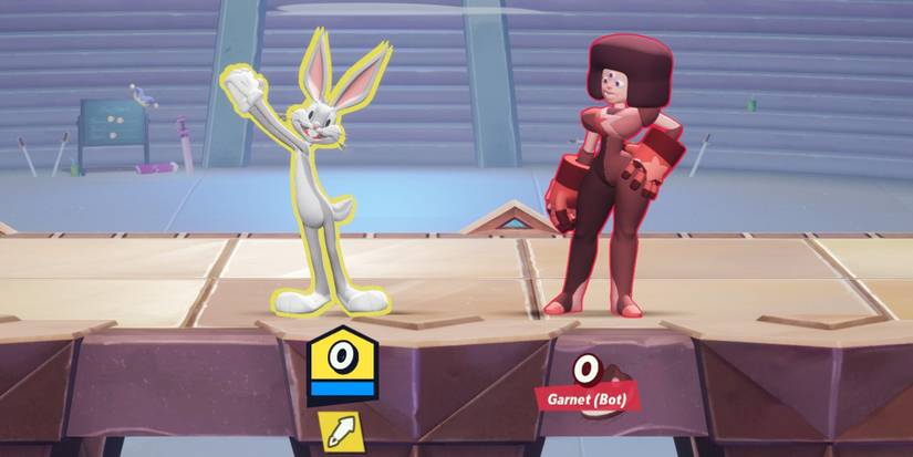 An image from MultiVersus featuring Bugs Bunny Taunting next to Garnet, visor retracted.