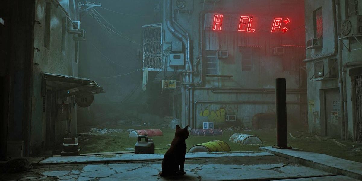 Screenshot from Stray, with a cat and destroyed city 