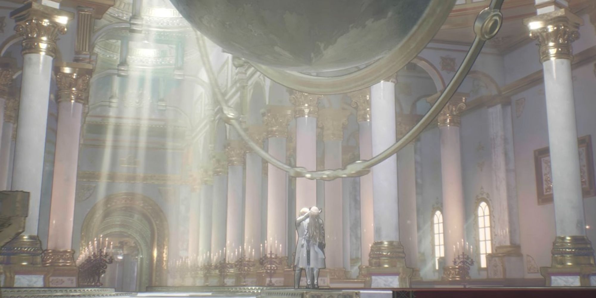 A lone figure stands in a great hall in Valkyrie Elysium