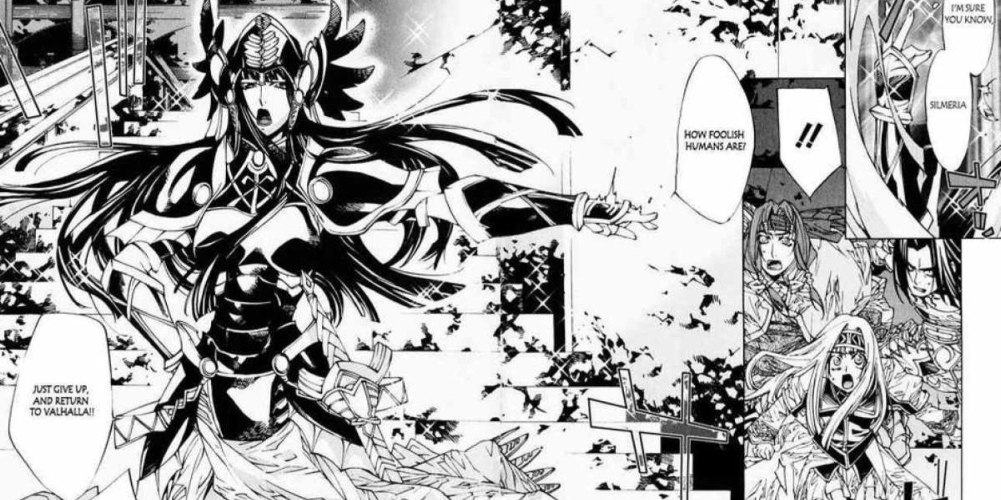 A double page spread of a Valkyrie Profile manga