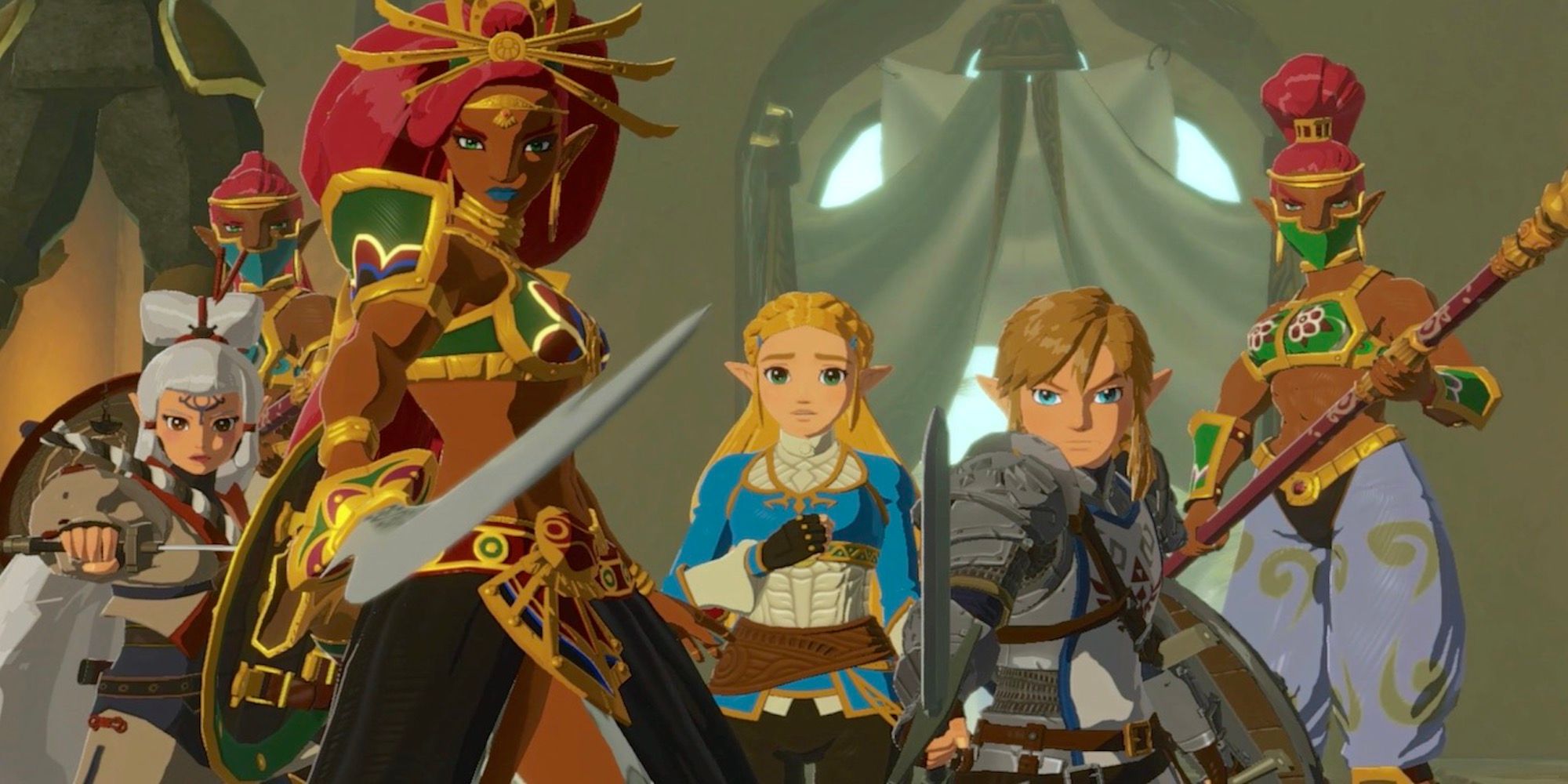A cutscene featuring characters in Hyrule Warriors Age of Calamity