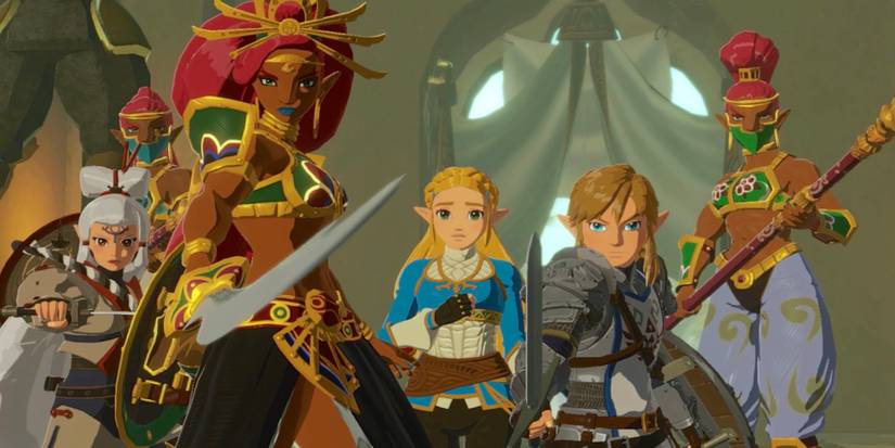 A cutscene featuring characters in Hyrule Warriors Age of Calamity