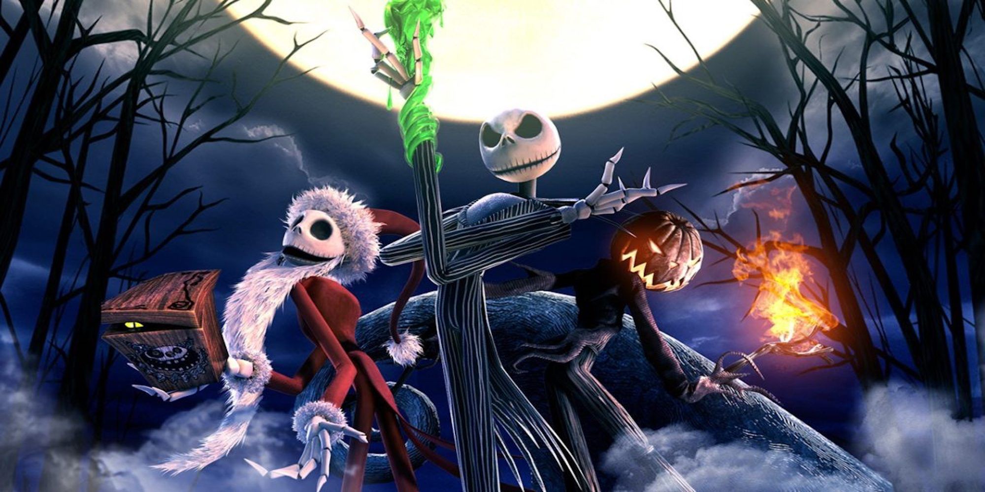 Promo art featuring characters in Tim Burton's The Nightmare Before Christmas Oogie's Revenge