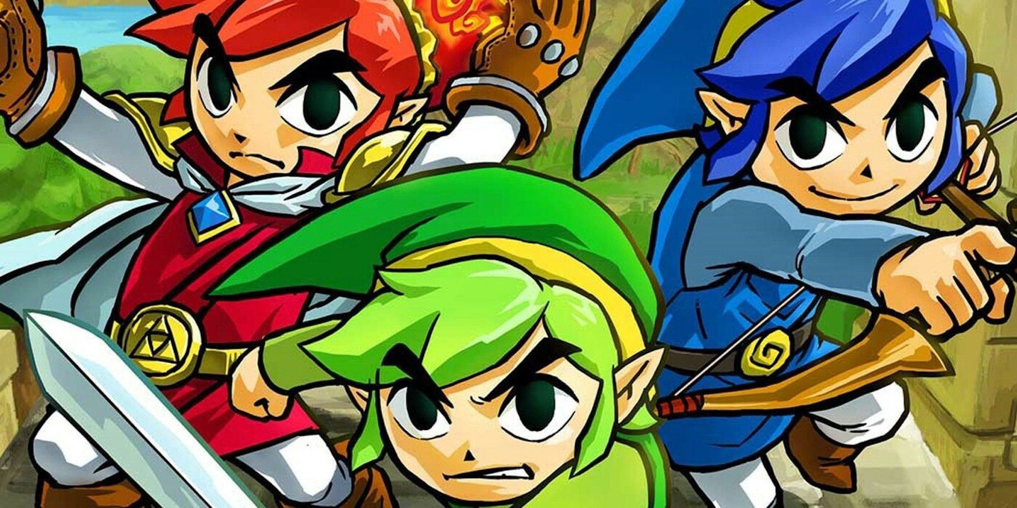 Promo art of the three Link in The Legend of Zelda Tri Force Heroes