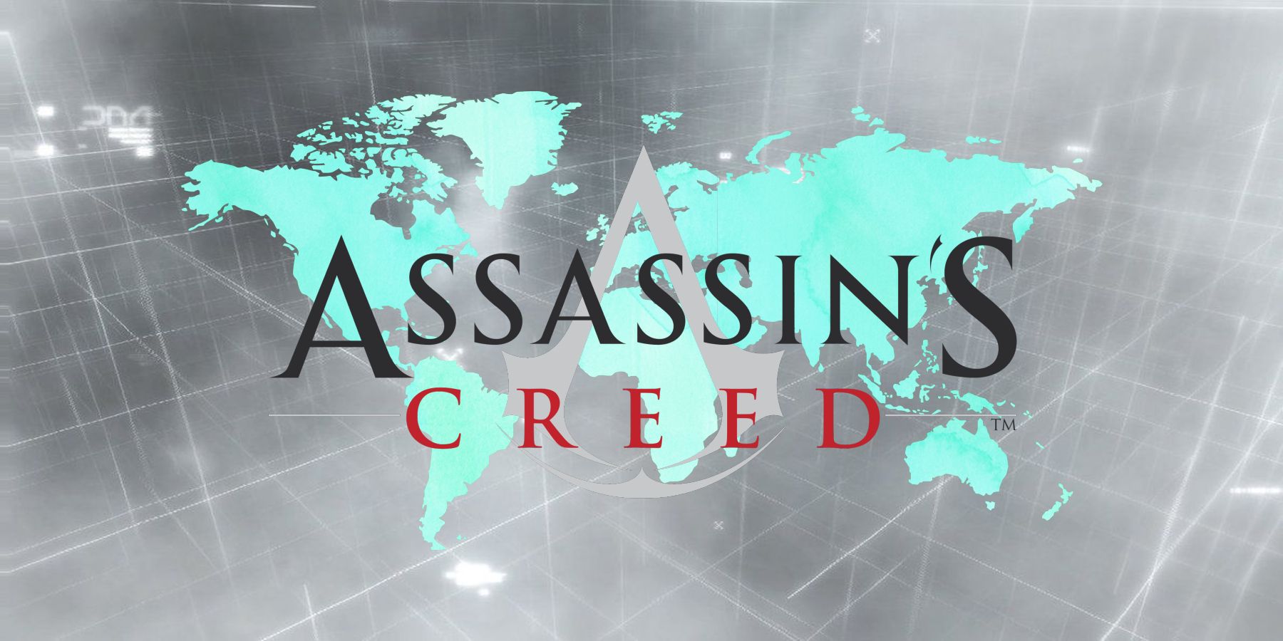 Assassin's Creed logo overlaid on a world map inside the Animus