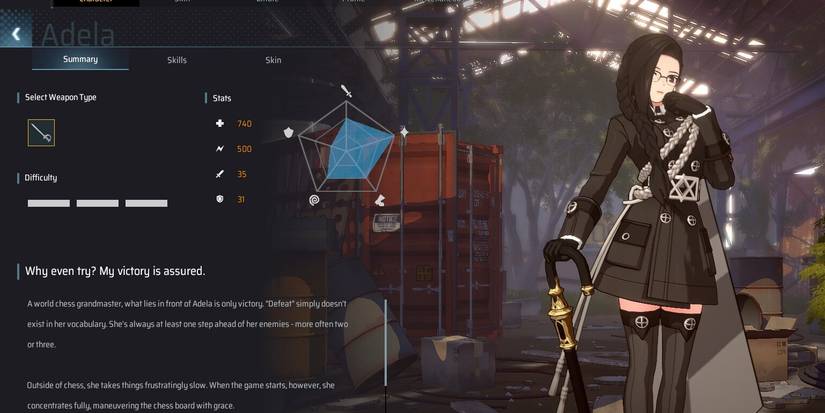 The character menu for Adela in Eternal Return