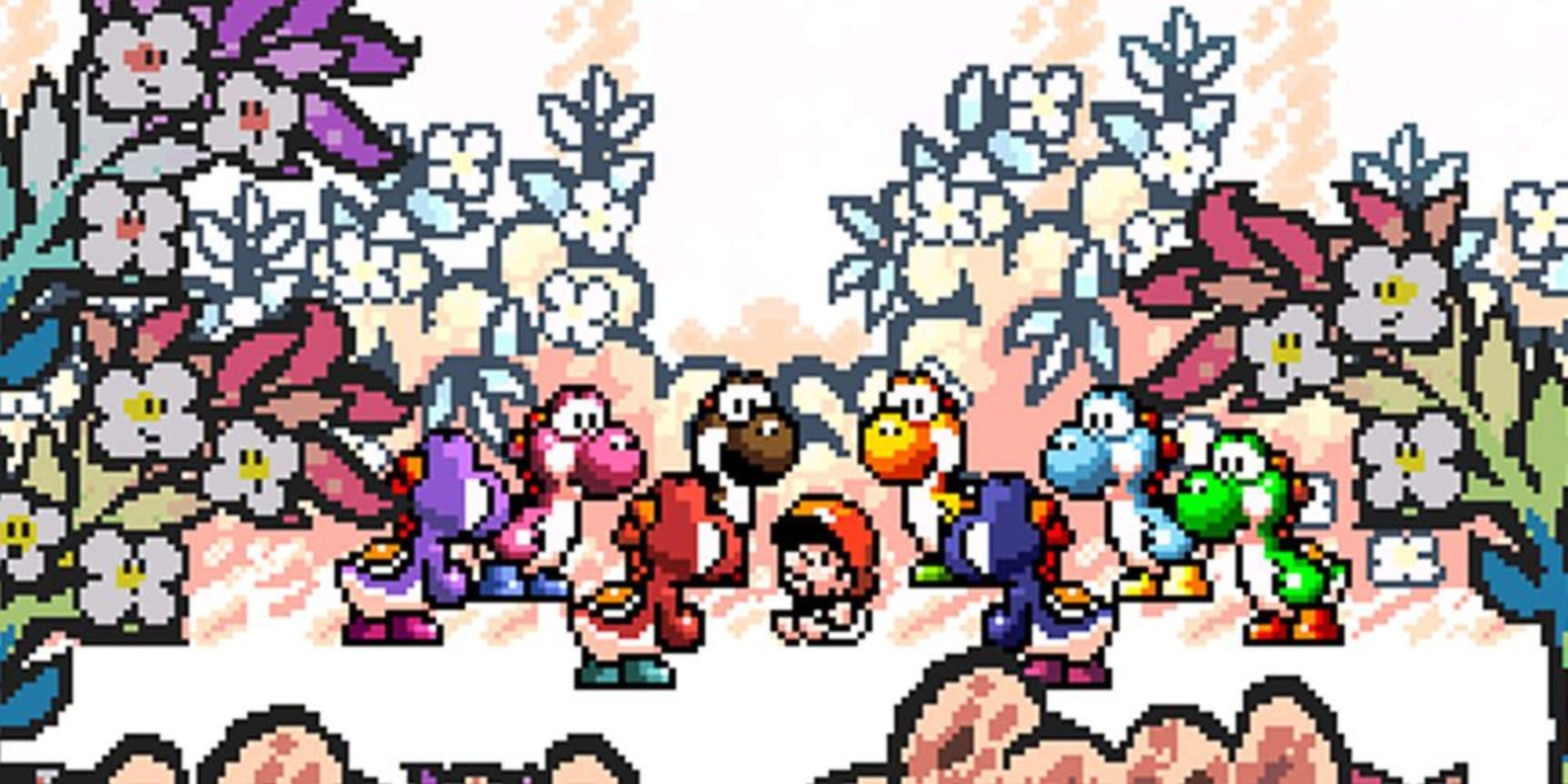 Baby Mario Surrounded By Yoshis in Yoshis Island 