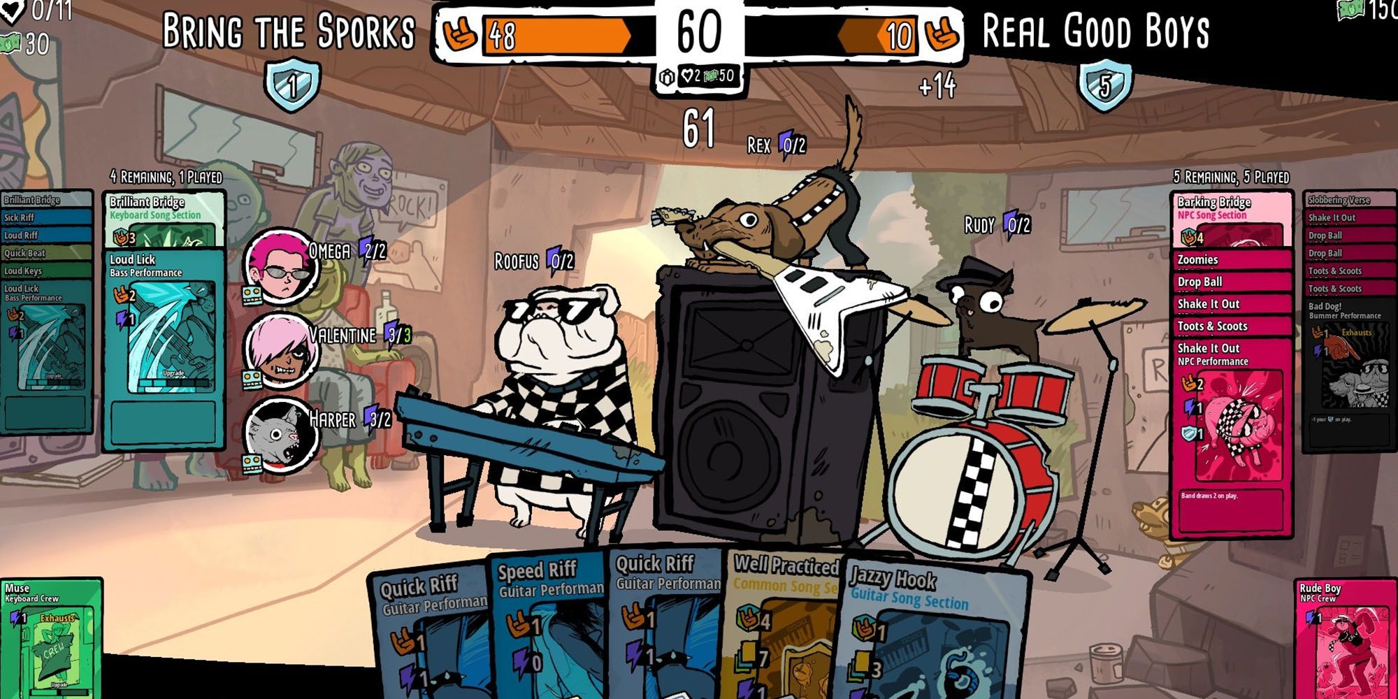 Battle Bands Rock And Roll Deckbuilder - A Screencap Mid Band Battle Showing All The UI Elements
