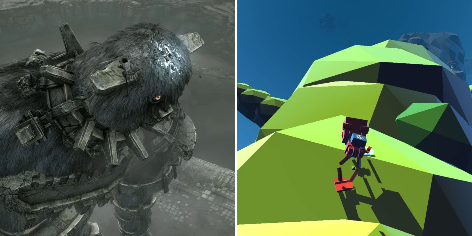 On the left the player is climbing up a titan in Shadow Of The Colossus on the left a robot climbs up the stalk of a plant in Grow Home