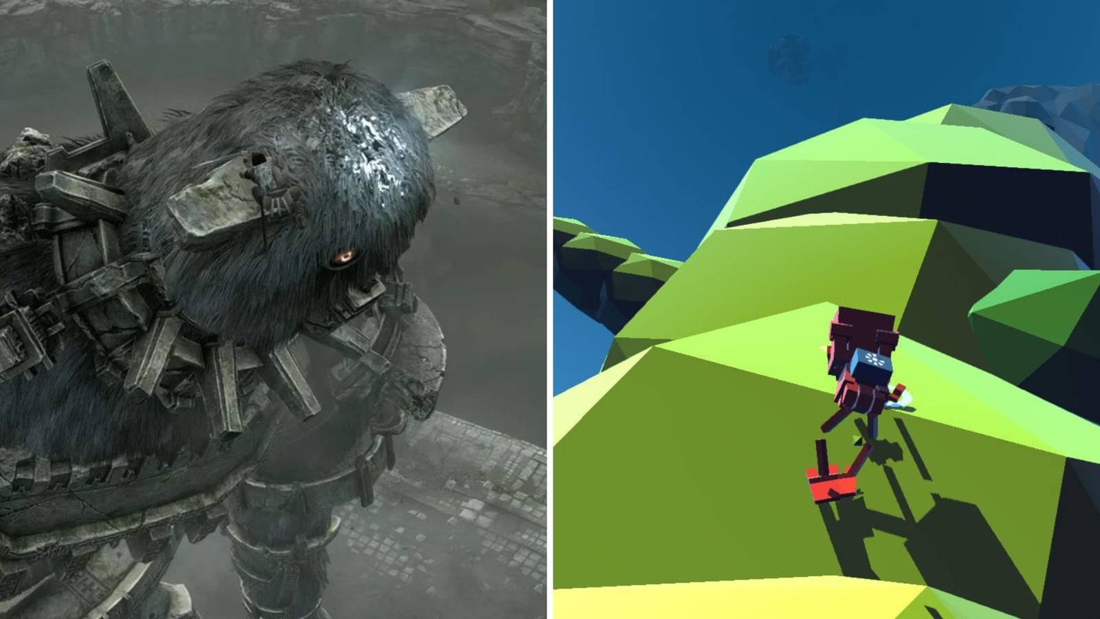 On the left the player is climbing up a titan in Shadow Of The Colossus on the left a robot climbs up the stalk of a plant in Grow Home