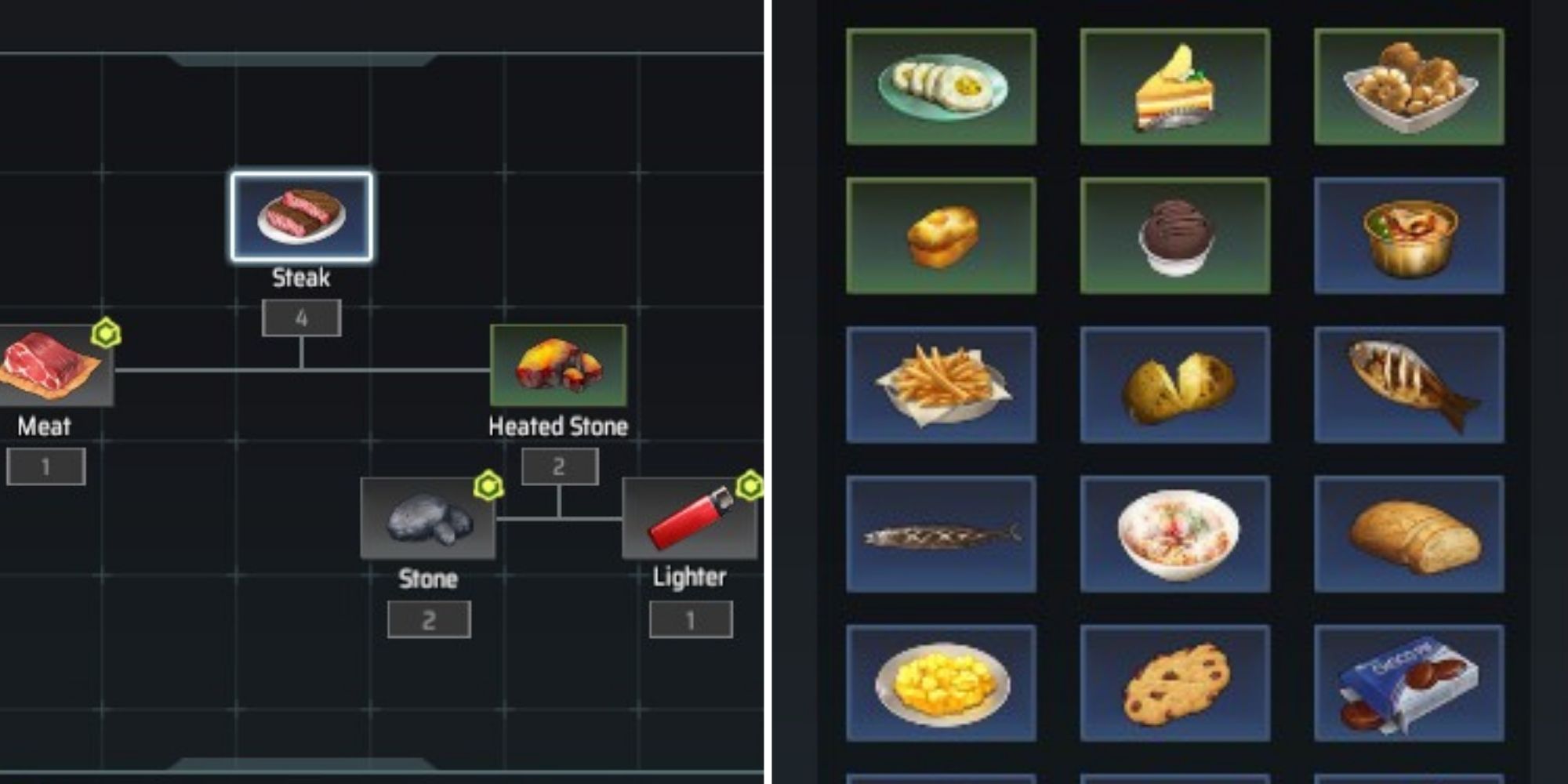 On the left is the crafting recipe for Steak and on the left is a wide variety of foods from Eternal Return