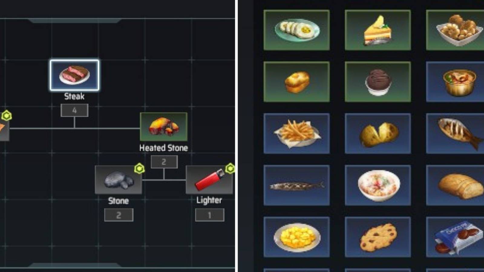 On the left is the crafting recipe for Steak and on the left is a wide variety of foods from Eternal Return