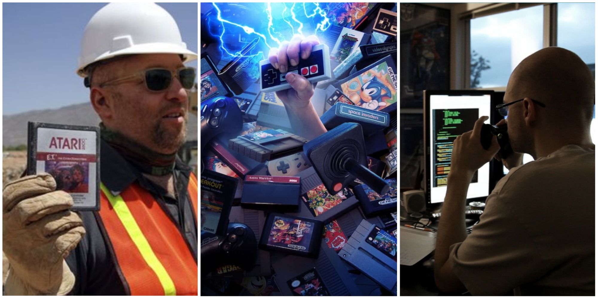 split image of man holding ET cart at construction site, NES controller games promo, man working at station