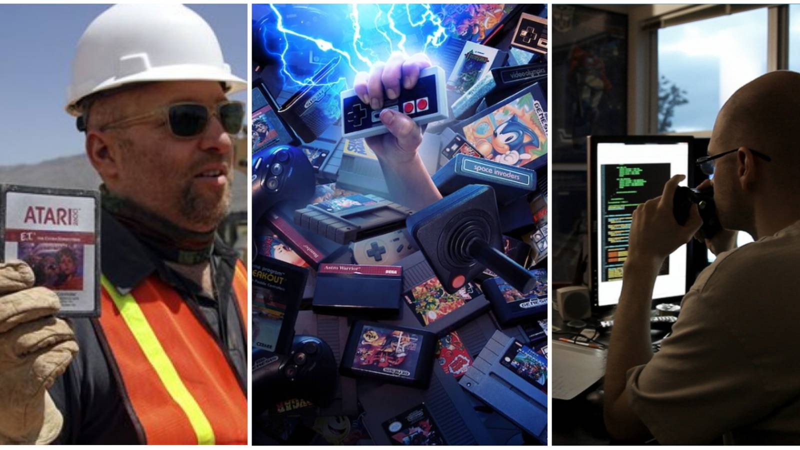 split image of man holding ET cart at construction site, NES controller games promo, man working at station
