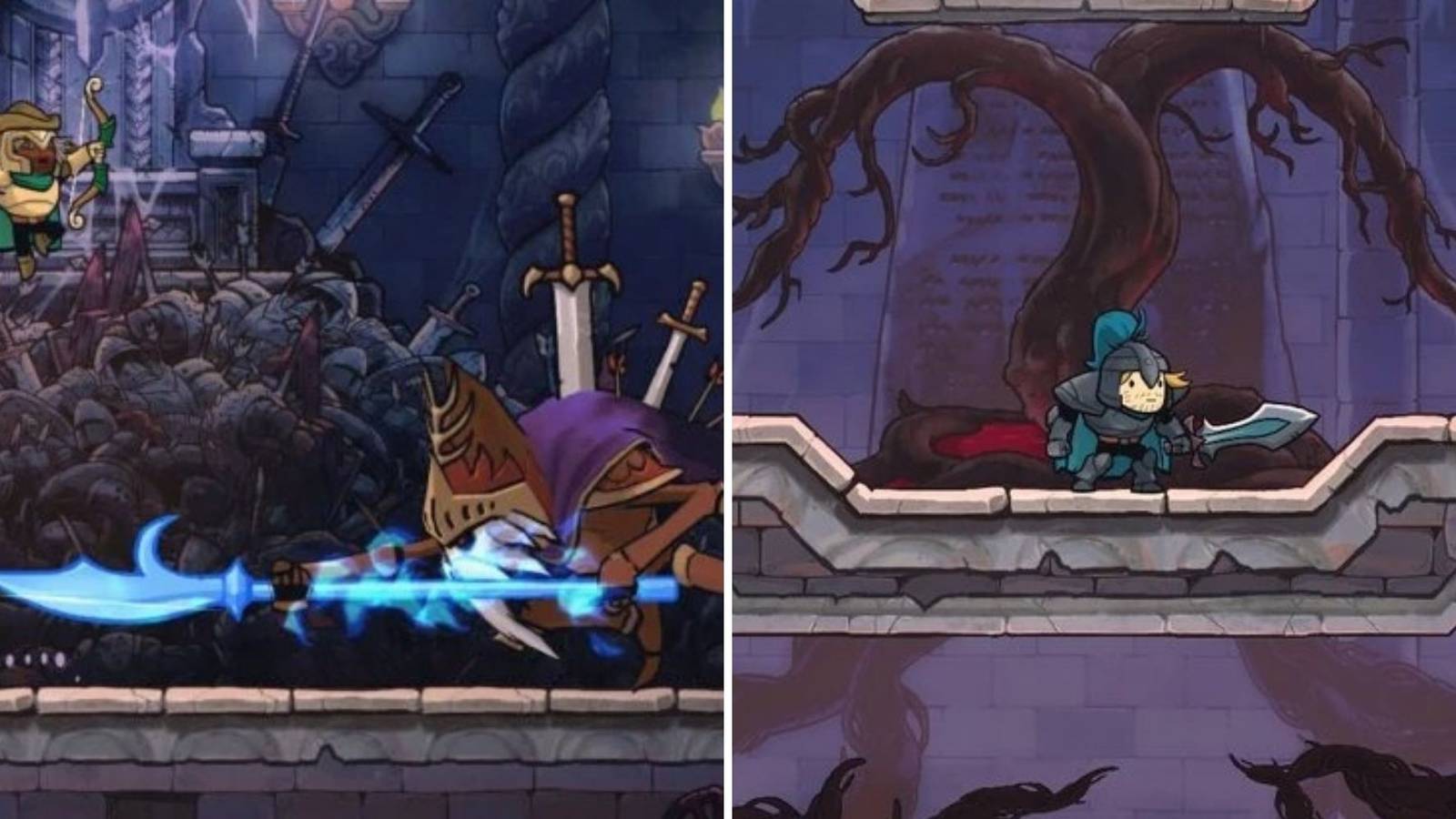 On the left a ranger attacking a enemy in the warden armor and on the right is a knight standing on a platform in dark grey armor from Rogue Legacy 2