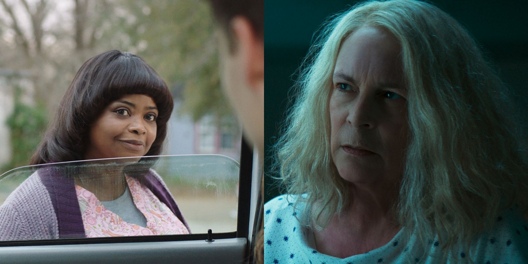 Split image of Sue Ann (Octavia Spencer) in Ma and Laurie Strode (Jamie Lee Curtis) in Halloween Ends