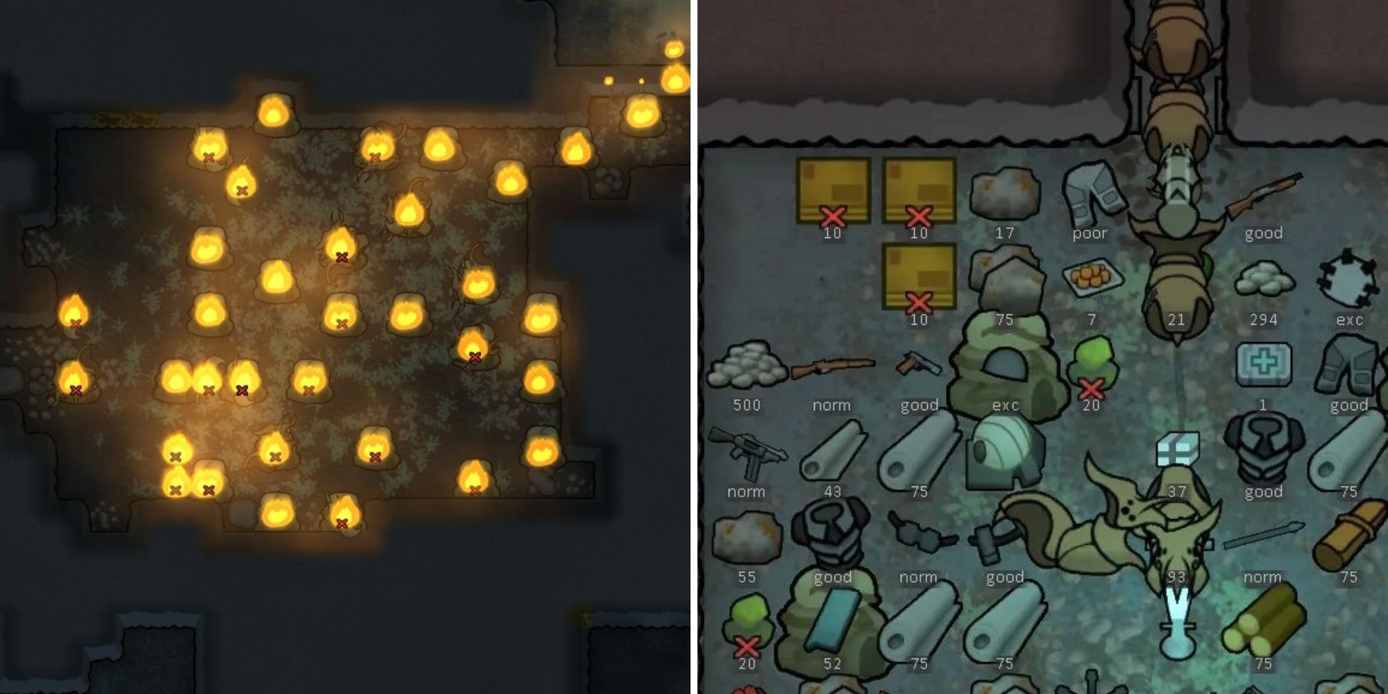 On the right is fire caused by a Molotov and on the left is an image of a variety of weapons and armor on the ground in RimWorld
