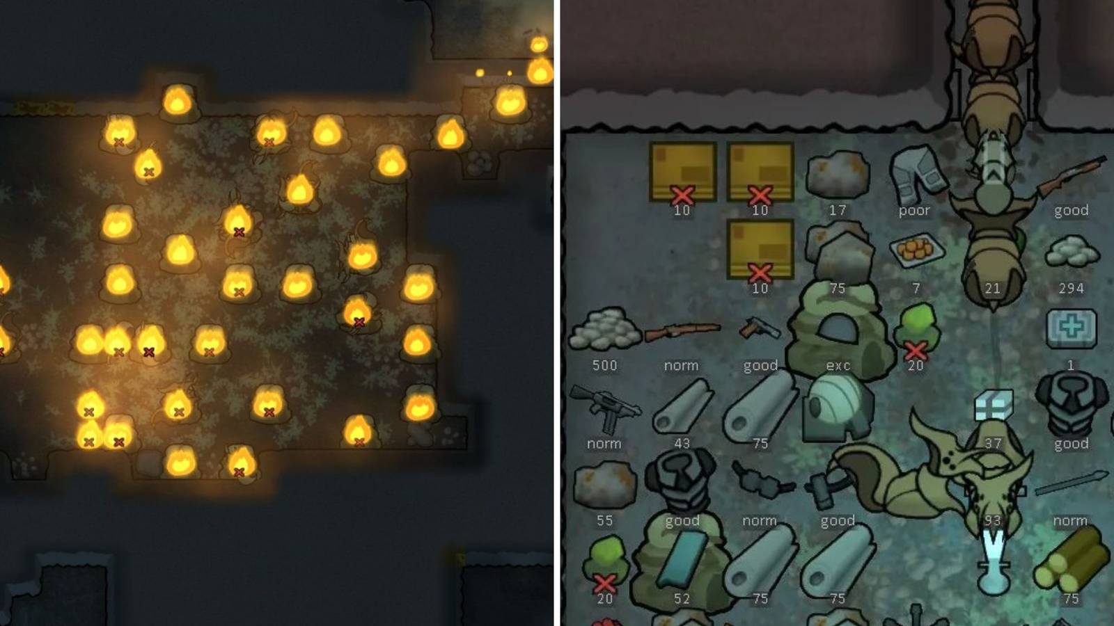 On the right is fire caused by a Molotov and on the left is an image of a variety of weapons and armor on the ground in RimWorld
