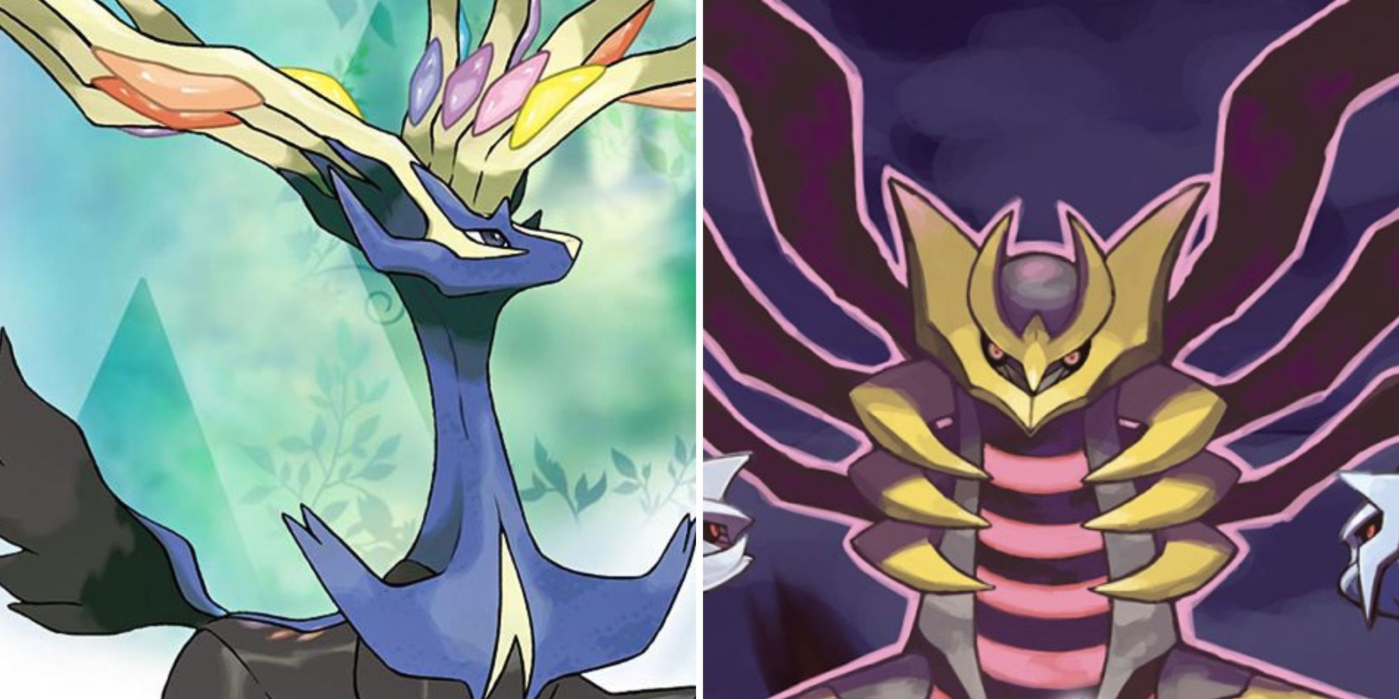 Cover art from both Pokemon X and Pokemon Platinum showing the legendary Pokemon from both