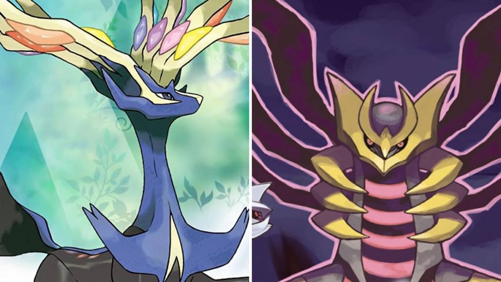 Cover art from both Pokemon X and Pokemon Platinum showing the legendary Pokemon from both