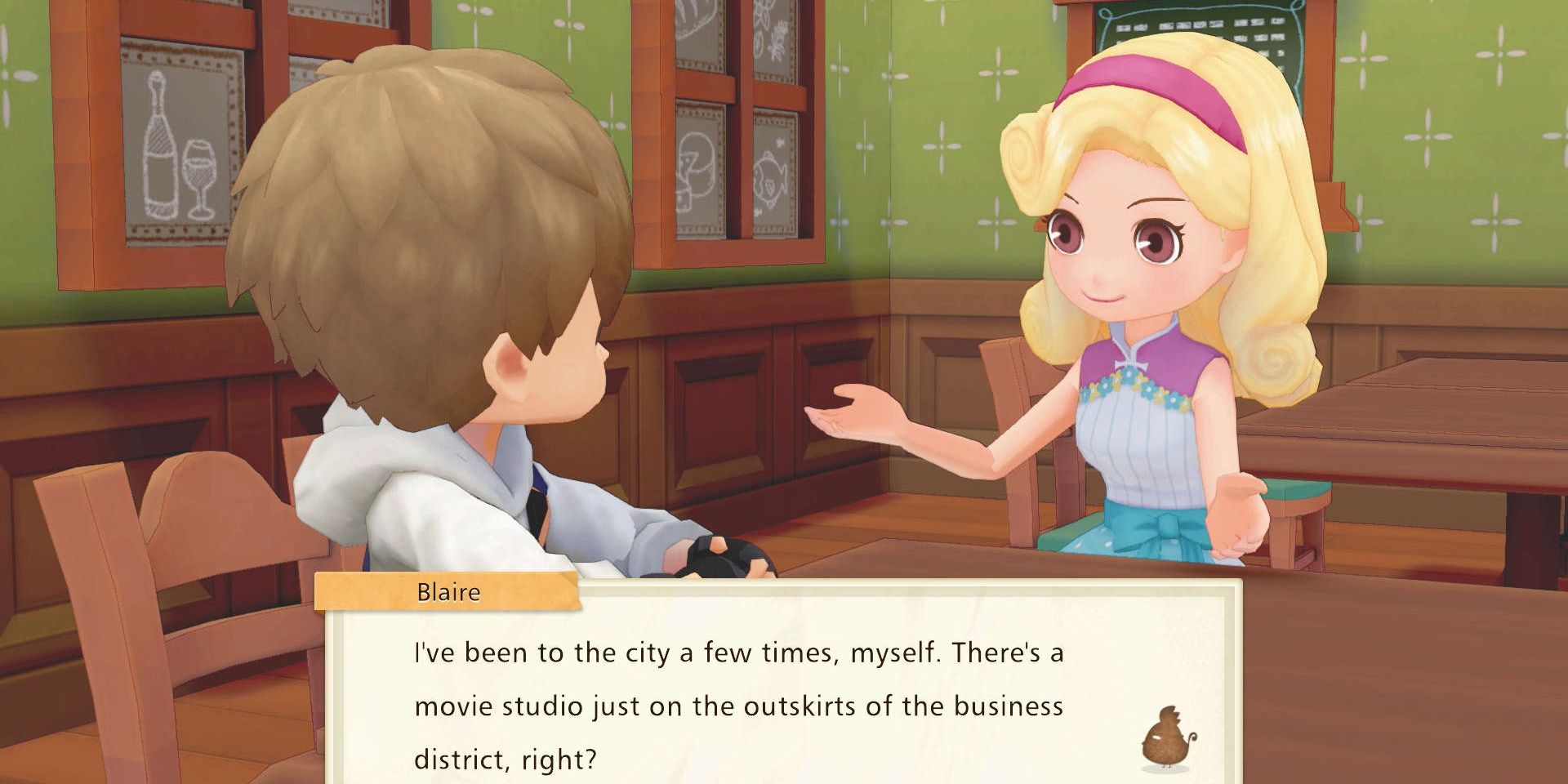 Блэр рассказывает игроку о киностудии, на которой она была в городе в Story of Seasons: Pioneers of Olive Town.