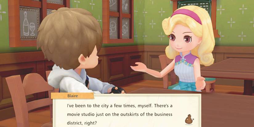Blaire telling the player about the movie studio she had been to in the city in Story of Seasons: Pioneers of Olive Town