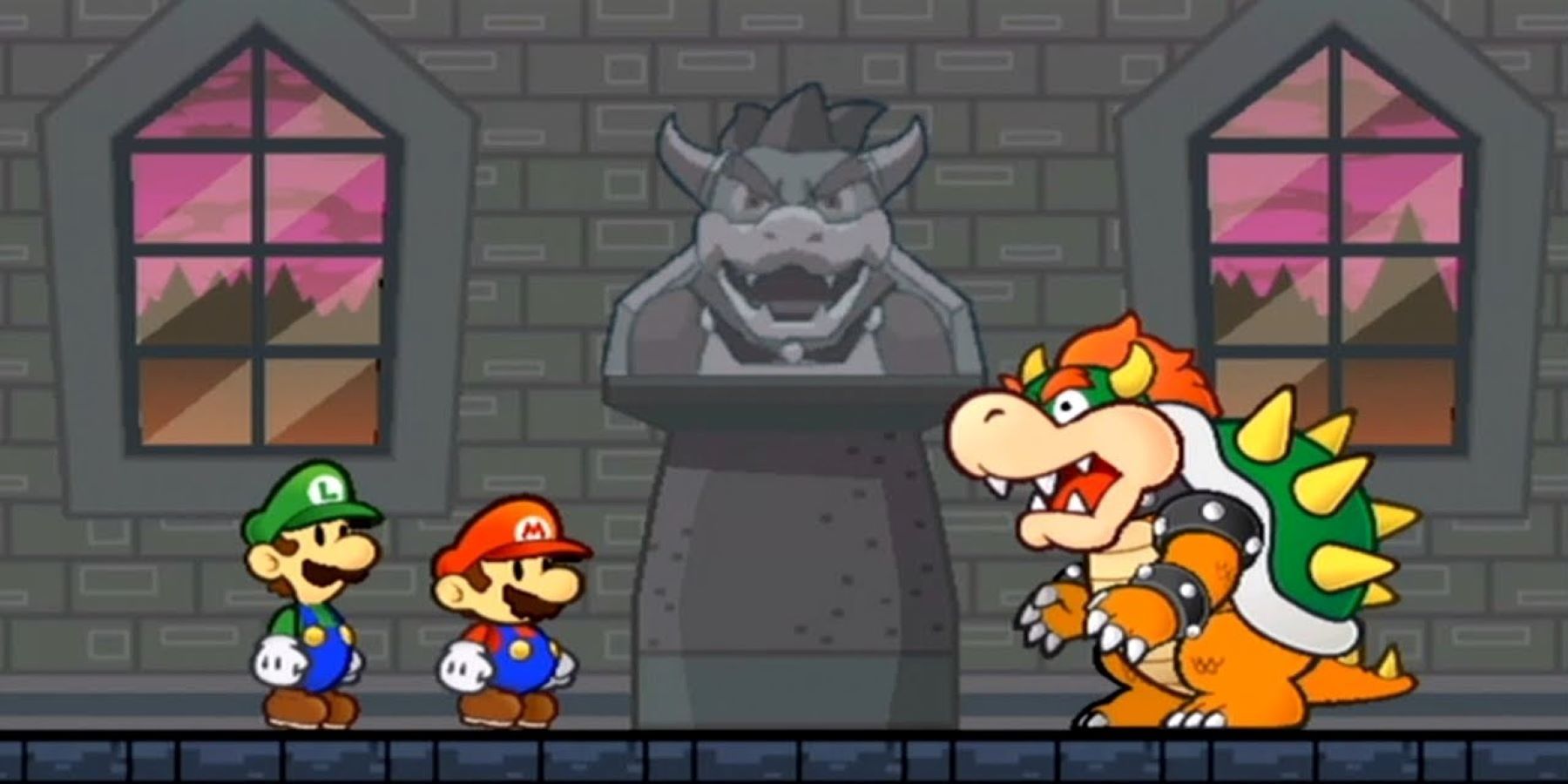 Mario, Luigi, and Bowser in Bowser's Castle during the Super Paper Mario intro cutscene
