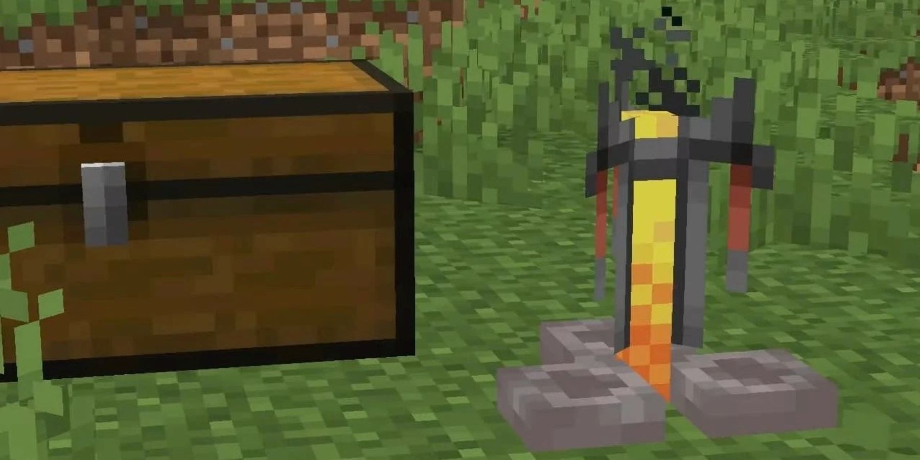 Close up of a Minecraft brewing stand and a double chest