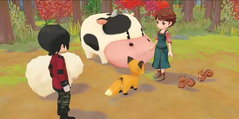 Bridget surrounded by both farm and woodland animals in Story of Seasons: Pioneers of Olive Town