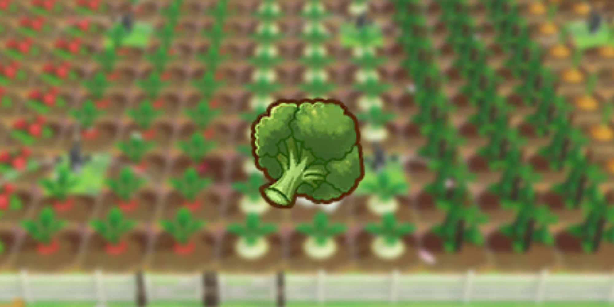 Broccoli icon as it would be seen in players inventory over blurred background of crops in game