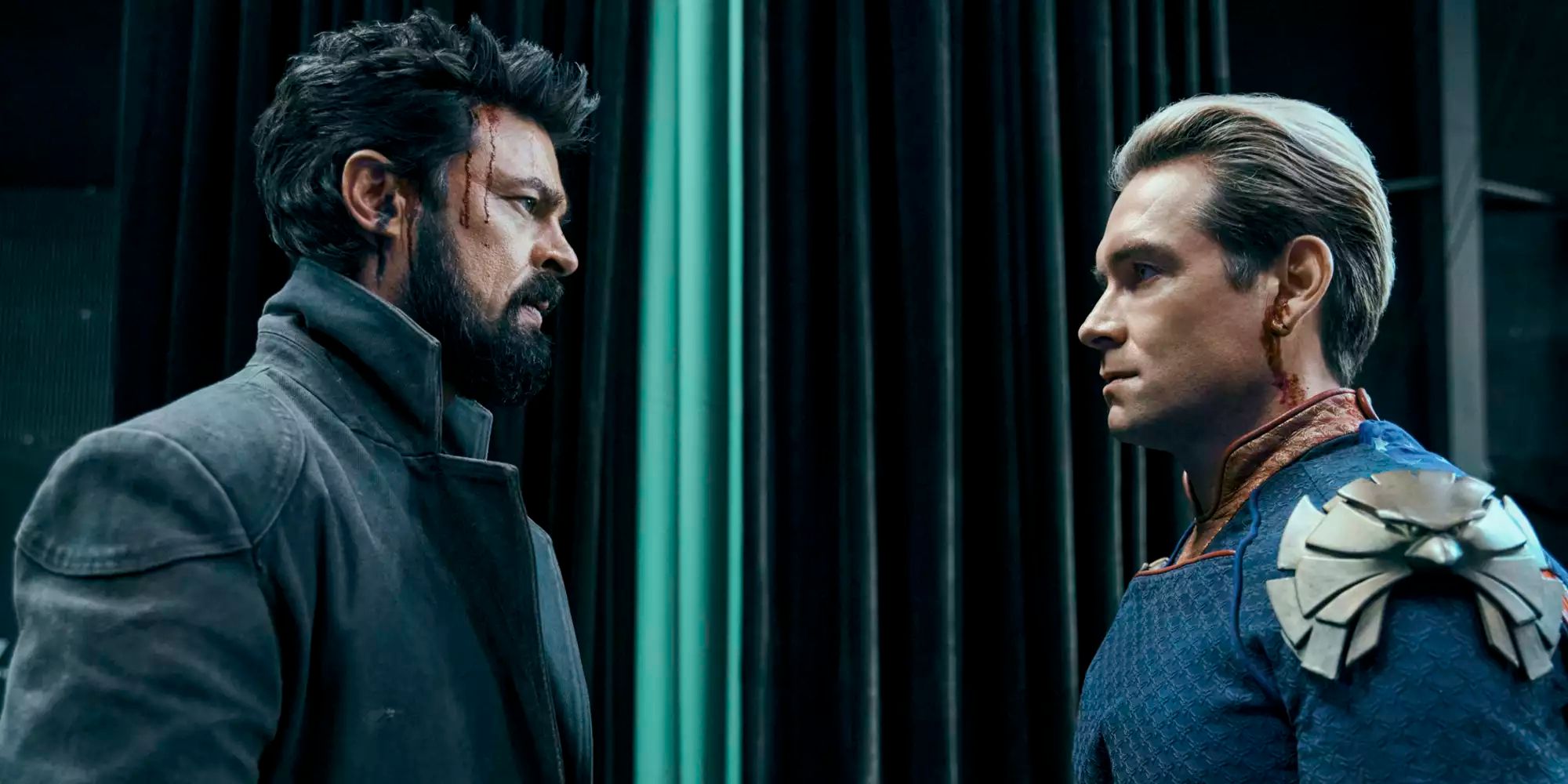 Karl Urban as Butcher and Anthony Starr as Homelander face off in The Boys
