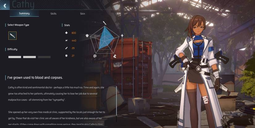 The Character menu for Cathy from Eternal Return