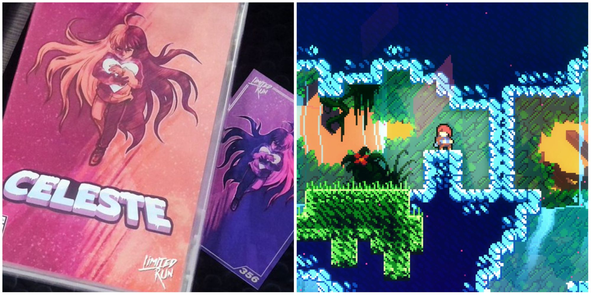 split image of Celeste limited run box art gameplay Switch