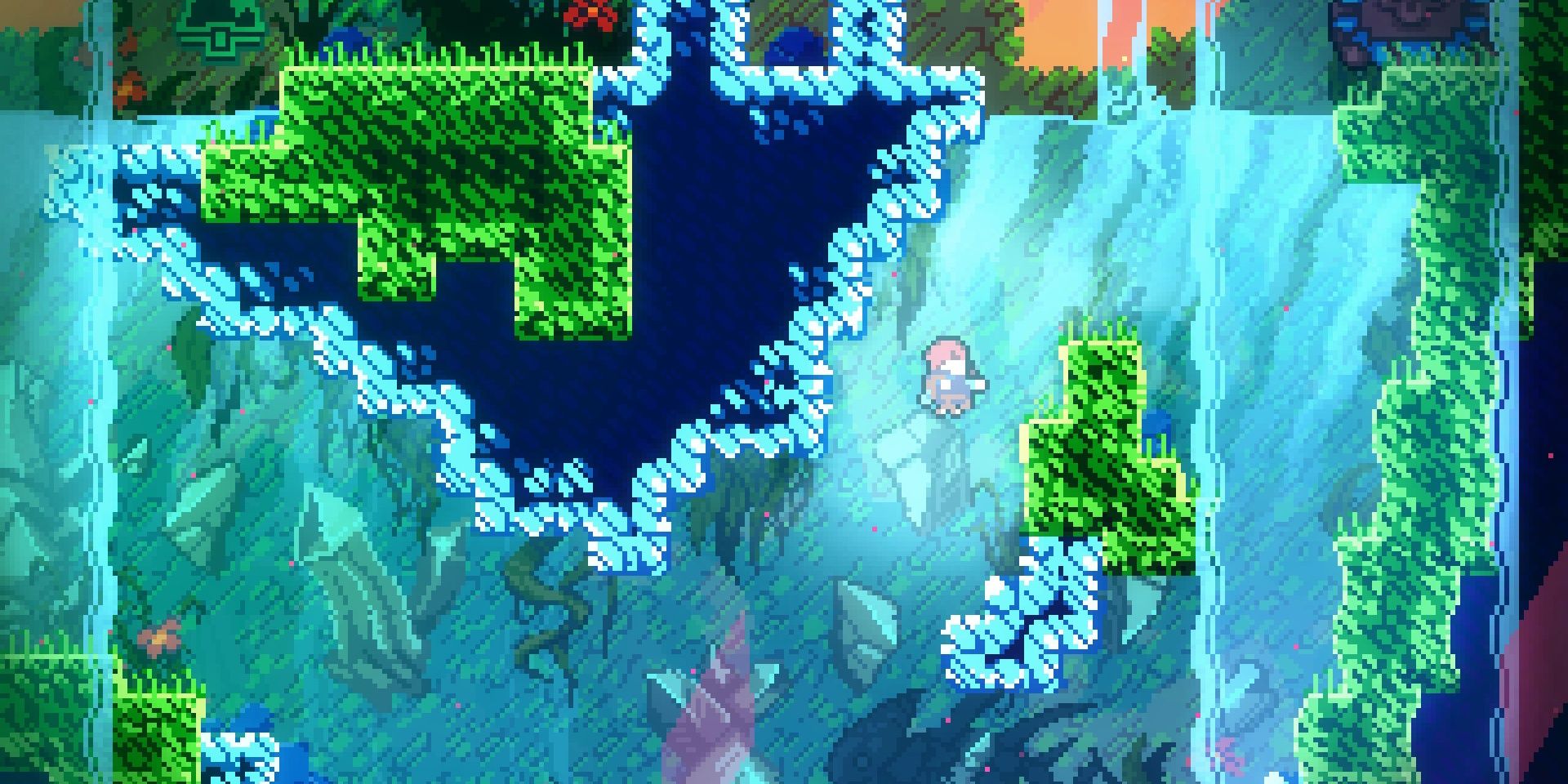 Madeline swimming in a crystal cave in Celeste