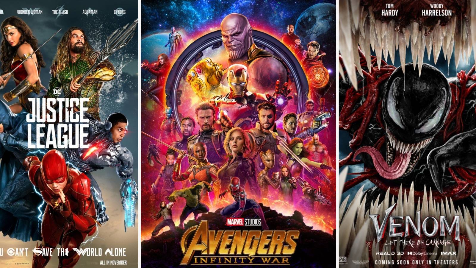 Justice League Avengers: Infinity War and Venom 2 posters split image