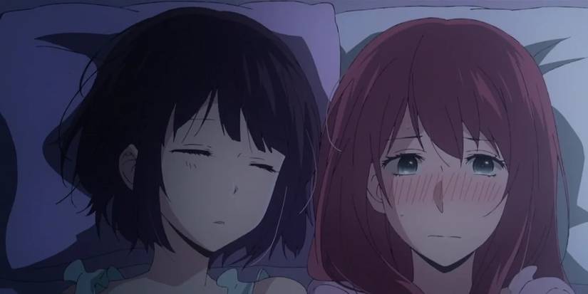 two female characters in Scum's Wish sleeping.