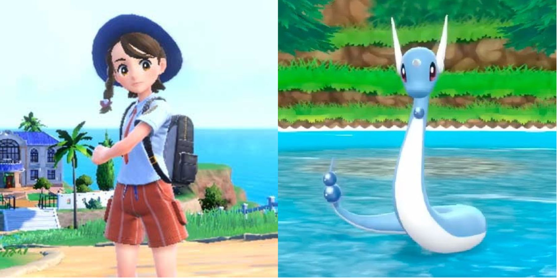 Split image of Scarlet and Violet trainer and Dragonair.