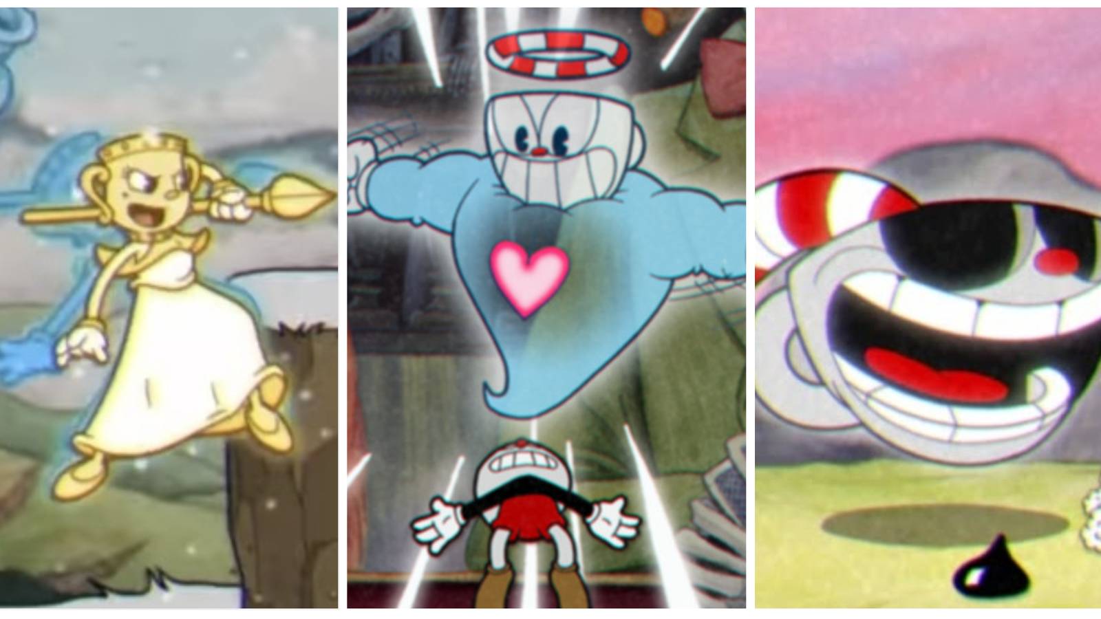 three pictures of cuphead super arts in a photo collage