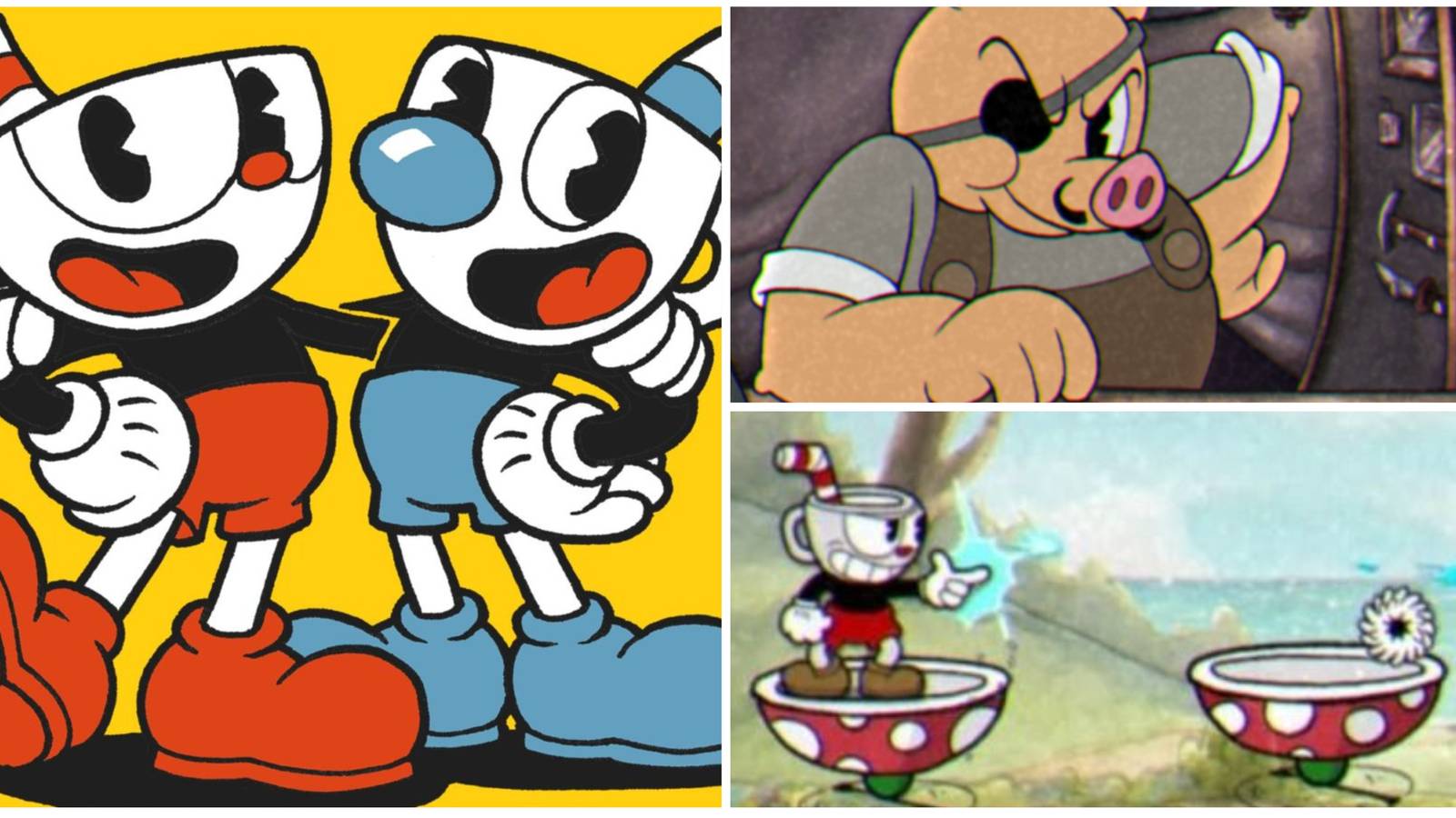 three pictures from cuphead in a photo collage