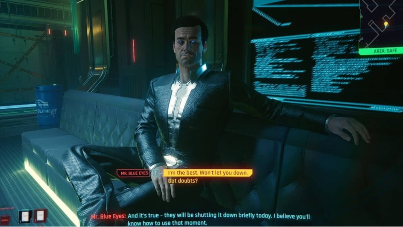 Mr. Blue Eyes talking to V.