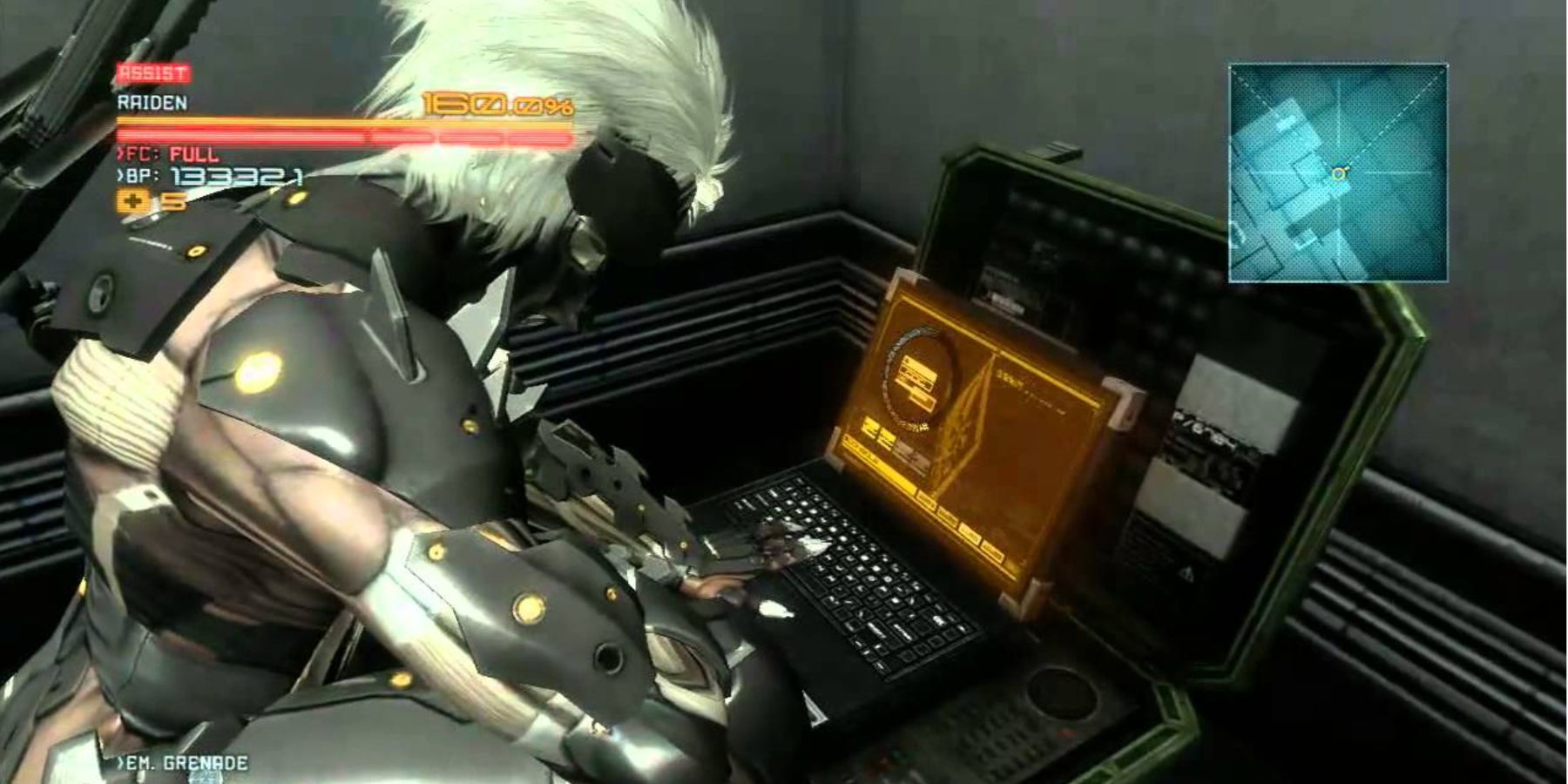 Raiden using a laptop.