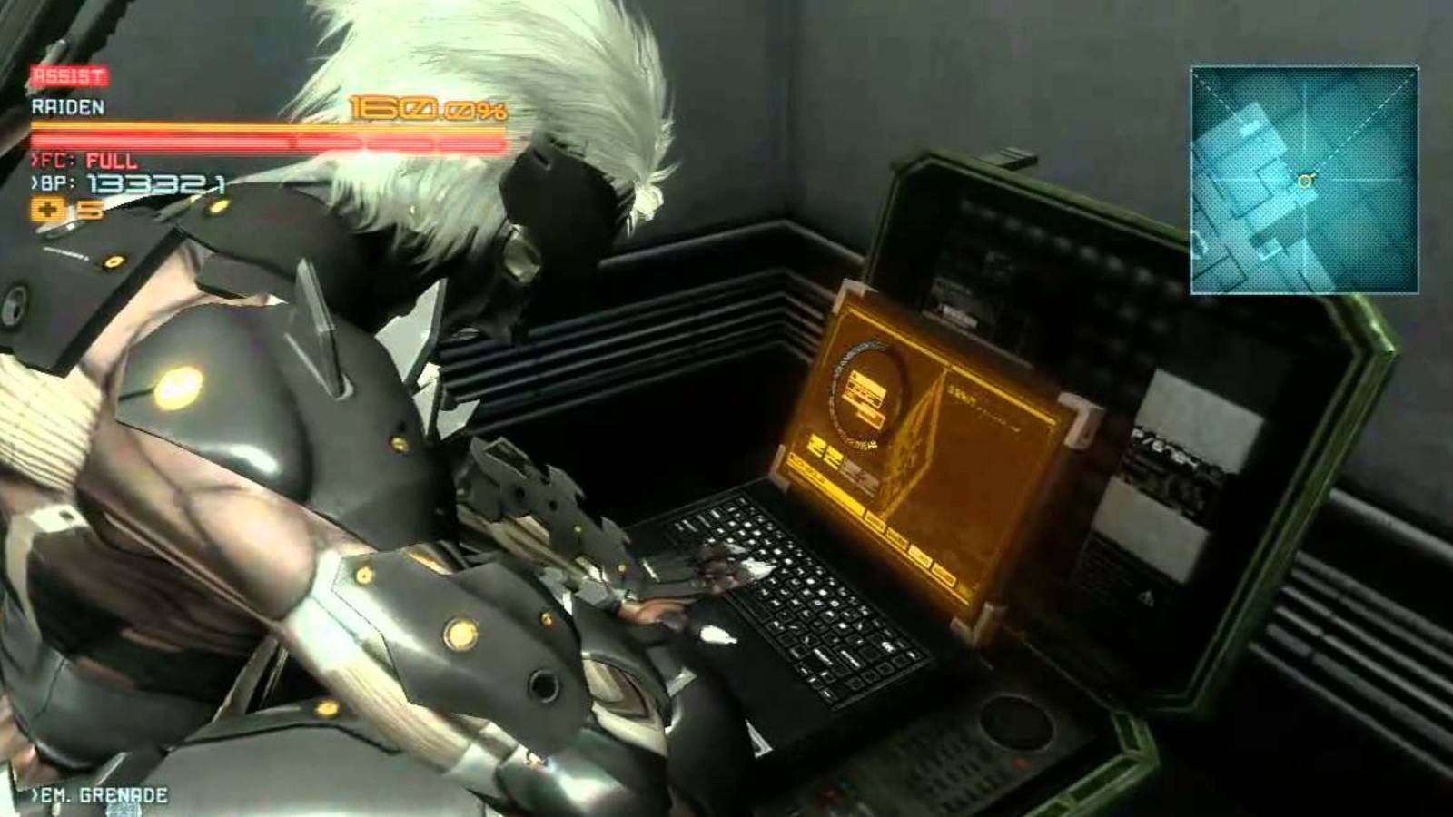 Raiden using a laptop.