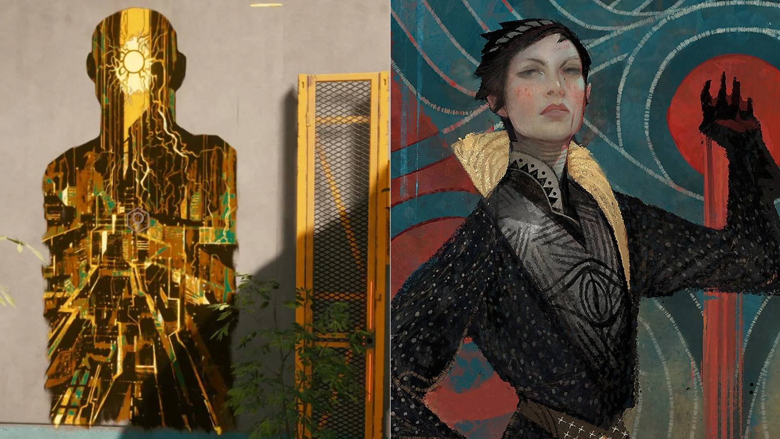 Split image of Sun graffiti in Cyberpunk 2077 and Cassandra's Temperance tarot.