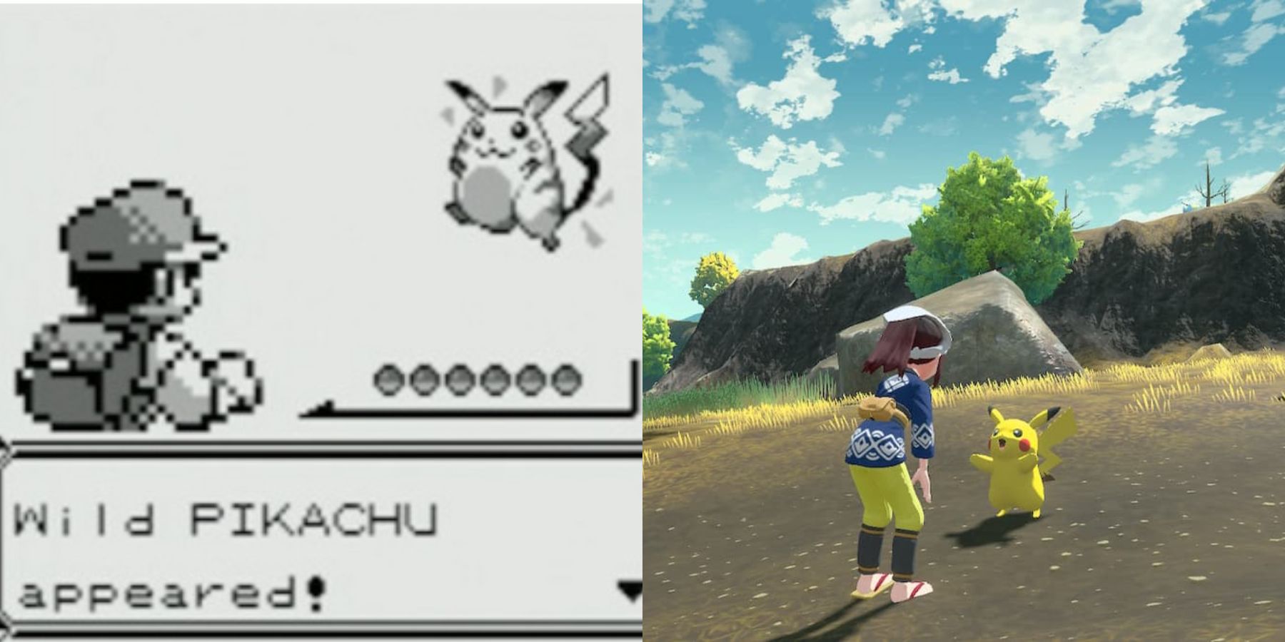 Split image of Red and Blue Pikachu and Pikachu in Pokemon Legends: Arceus.