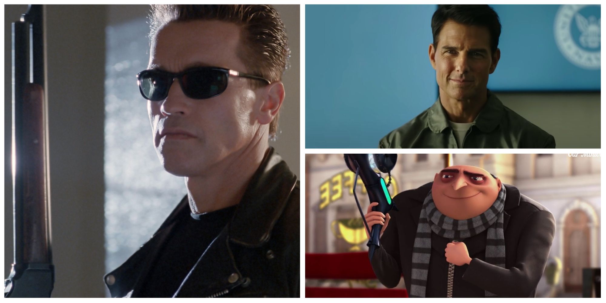 the terminator, top gun maverick, and gru in a photo collage